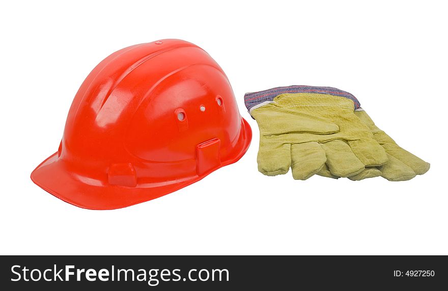 An image of red helmet with mitten isolated on white