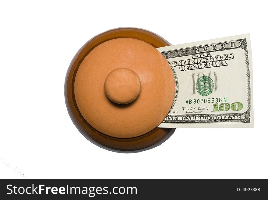 Composition from 100 dollar denominations and a clay pot. Composition from 100 dollar denominations and a clay pot.