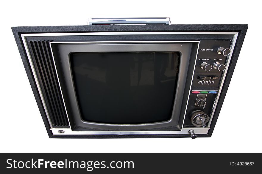 A wide angle shot of an old television. A wide angle shot of an old television