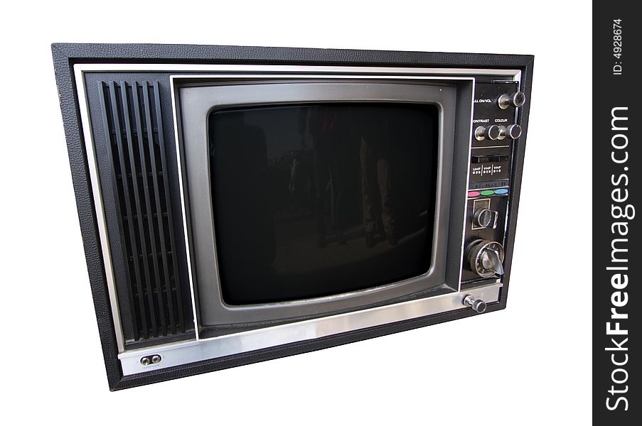 A wide angle shot of an old television. A wide angle shot of an old television