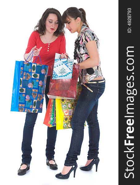 Expressive girls  on white background  shopping. Expressive girls  on white background  shopping