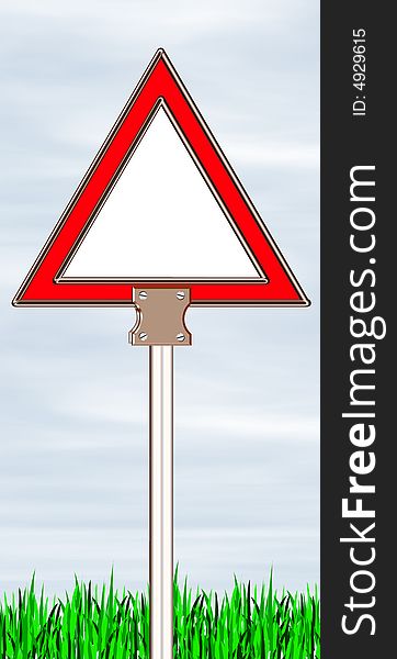 Warning triangle board with steel stand clipping light blue clouds & sky and grass background