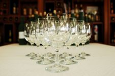 Row Of Glasses, Wine Bottles On Background Royalty Free Stock Photos Row Of Glasses, Wine Bottles On Background Royalty Free Stock Photos