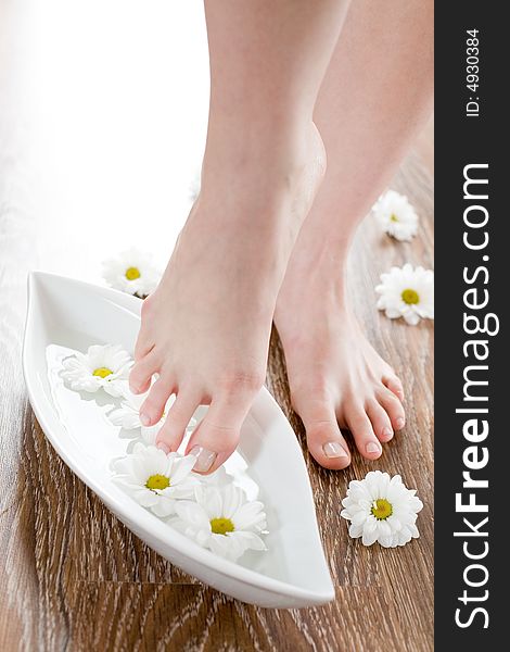 Spa treatment with fresh white daisies / Female feet on the dark floorboard.