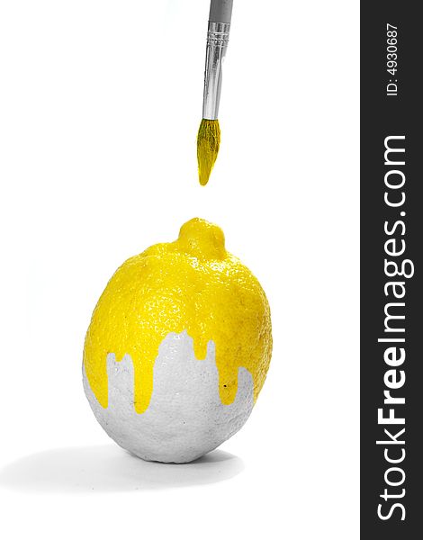 Yellow lemon, gouache and brush isolated on white background