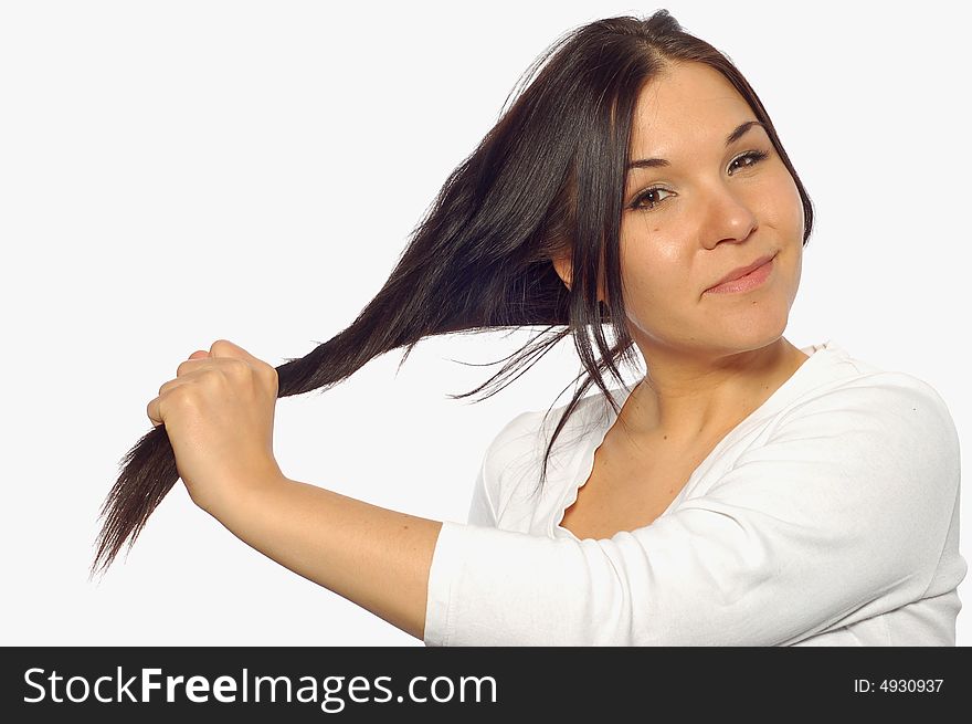 Woman with strong hair on white background. Woman with strong hair on white background