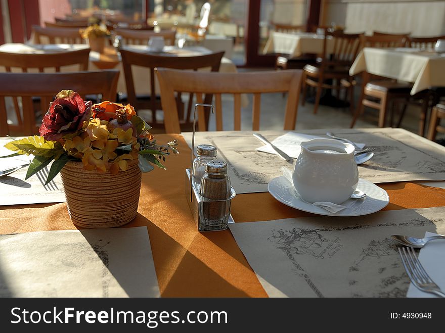 Table setting for breakfast in a restaurant