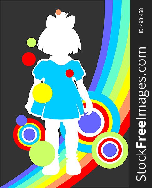 White children's silhouette and rainbow on a dark abstract background. White children's silhouette and rainbow on a dark abstract background.