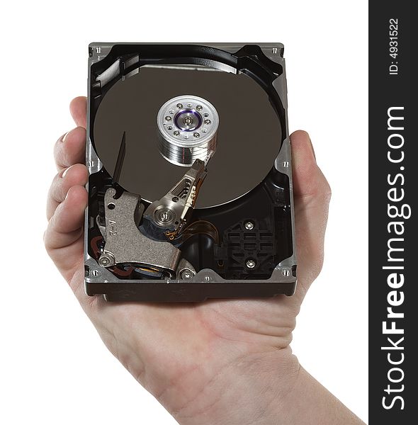 Hard disk in hand.  Isolated on white [with clipping path]. Hard disk in hand.  Isolated on white [with clipping path].
