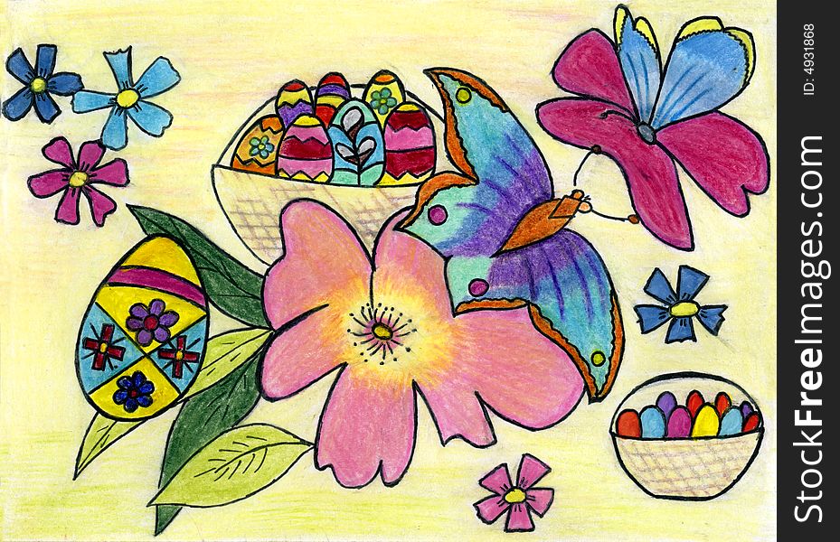 Abstract postcard - painted flowers, easter eggs, butterfly. Abstract postcard - painted flowers, easter eggs, butterfly