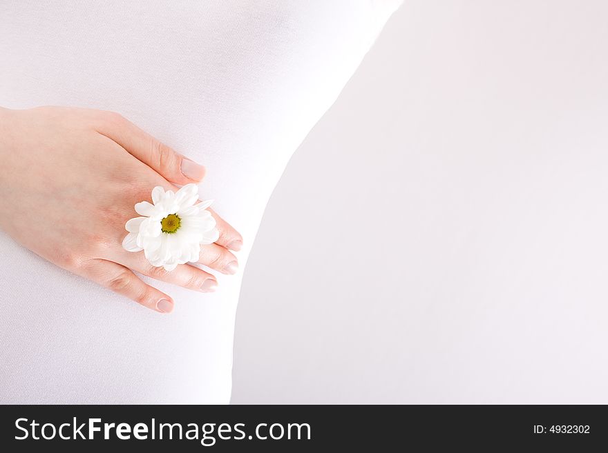 Female hand with daisy on the belly / copyspace