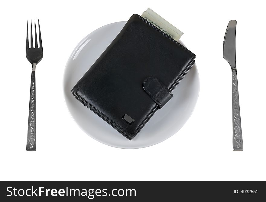 Wallet with money on the plate, isolated on white. Concept - money instead of food. Wallet with money on the plate, isolated on white. Concept - money instead of food.
