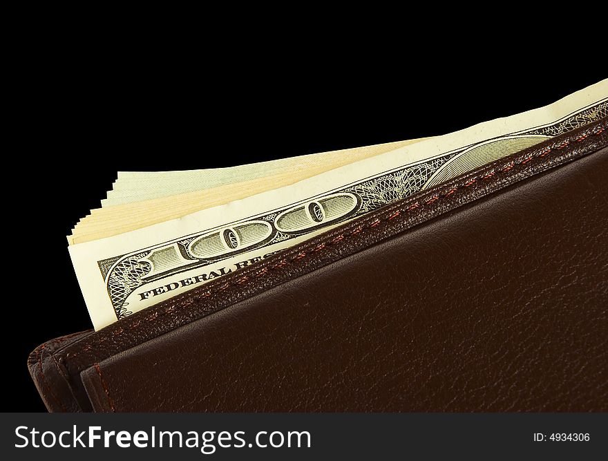 Leather wallet with paper money on black background. Leather wallet with paper money on black background