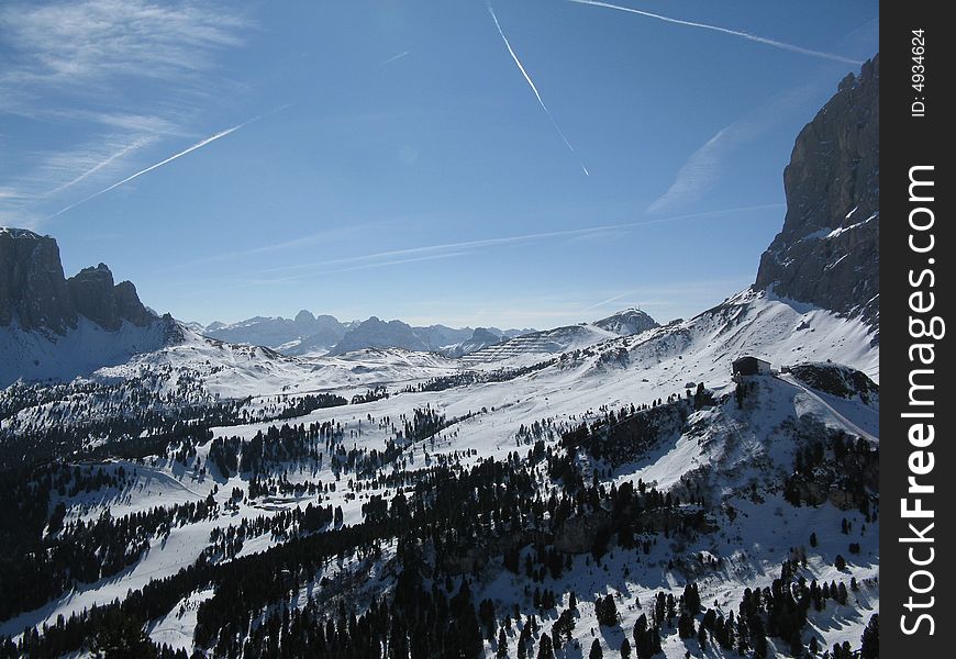 View of Sella pass in the dolomites. View of Sella pass in the dolomites