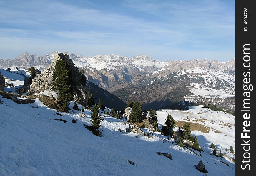 Panorama of the Gardena valley during winter
