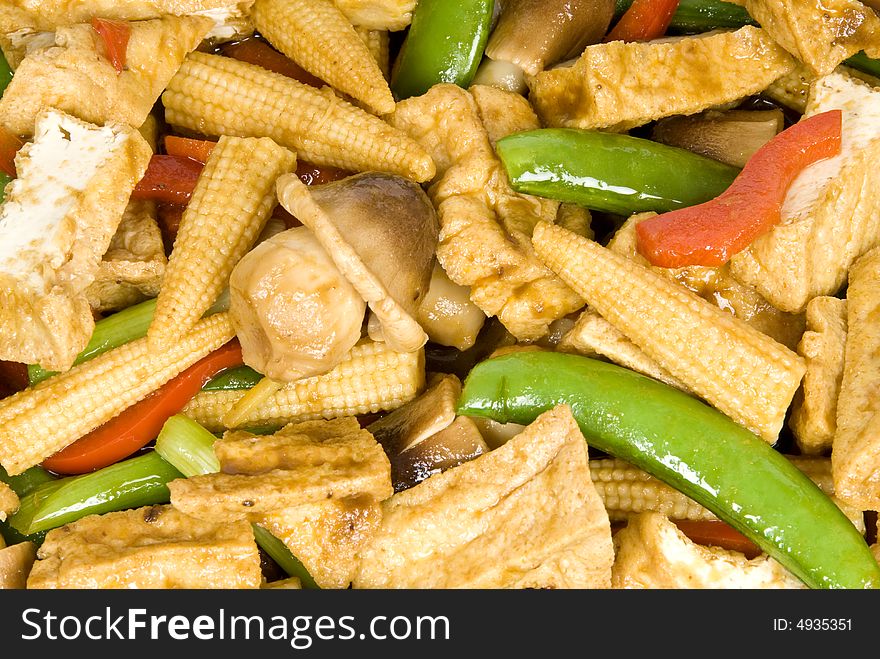 Close up of colorful stir fried vegetables.