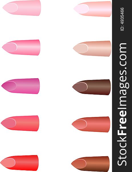 Group of multi-coloured lipsticks on a white background