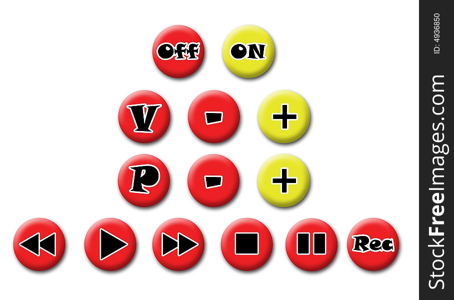 There is a collection of tv player and recorder buttons. There is a collection of tv player and recorder buttons.