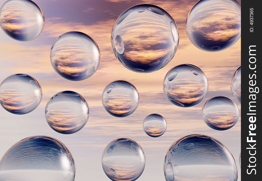 Rising water balls  on sky background - digital artwork.