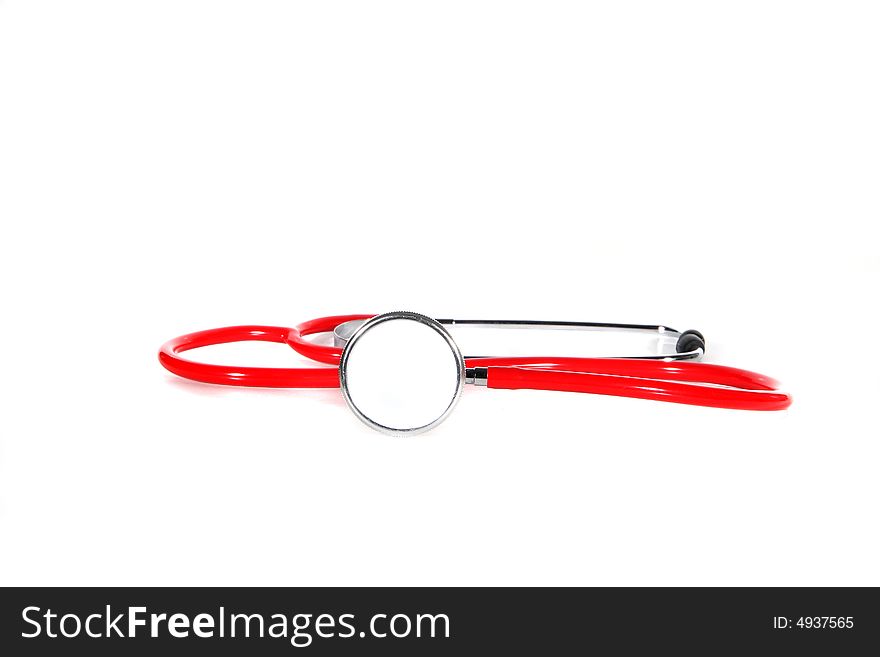 A red stethoscope over white background. A red stethoscope over white background.
