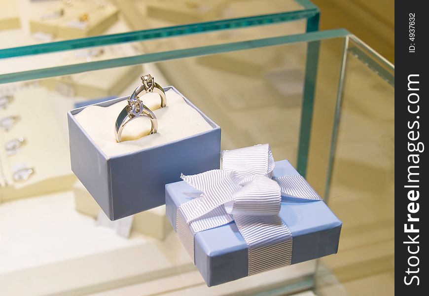Diamond ring. Present gift in jewelry shop.