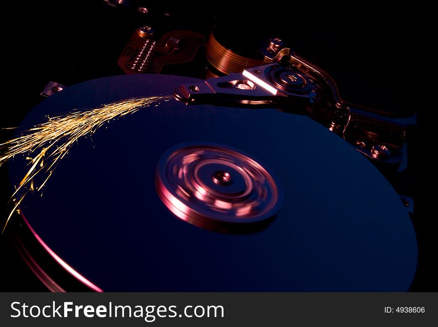 Hard disk drive with sparks. Hard disk drive with sparks