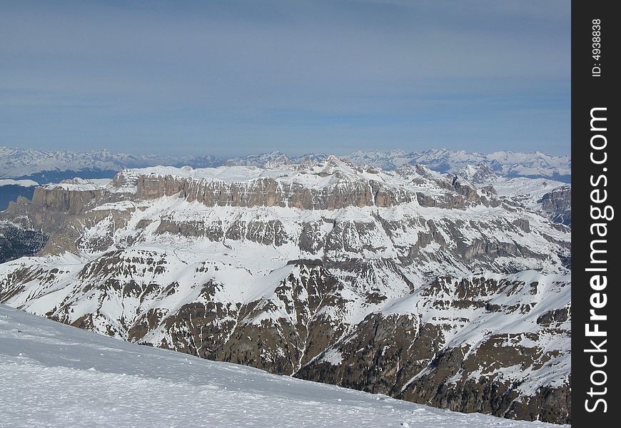 View of Sella group from the top of mount Marmolada