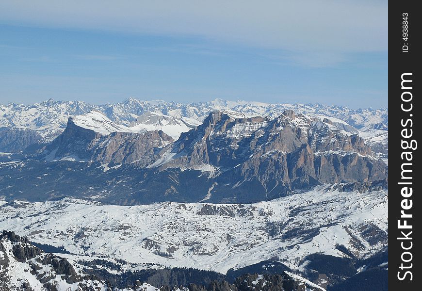 View of Badia valley from the top of mount Marmolada