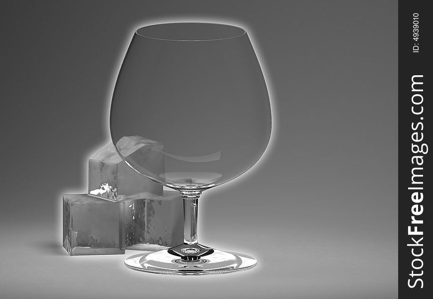 Empty glass with ice on grey background