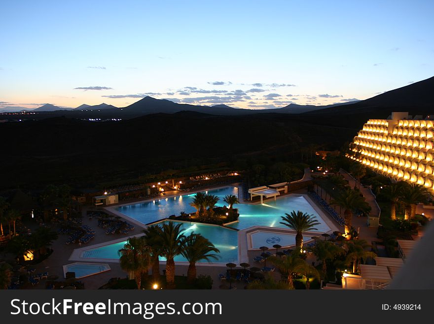 SPA resort with a pool in the night. SPA resort with a pool in the night
