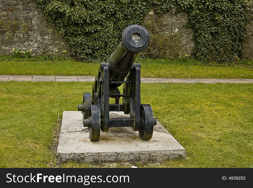 A Cannon at Kenmore, Perthshire, Scotland, U.K. Cannon were used primarily as anti-infantry weapons until around 1374 when cannon were recorded to have breached walls for the first time in Europe. Cannon featured prominently as siege weapons and ever-larger pieces appeared. English cannons first appeared in 1327, and later saw more general use during the Hundred Years&#x27; War, when primitive cannons were engaged at the Battle of Crécy in 1346. By the end of the 14th century, the use of cannons was also recorded in Russia, Byzantium and the Ottoman Empire. In the late 15th century the Ottoman empire used firearms as part of its regular infantry. The first successful rapid-fire firearm is the Gatling Gun, invented by Richard Gatling and fielded by the Union forces during the American Civil War in the 1860s.