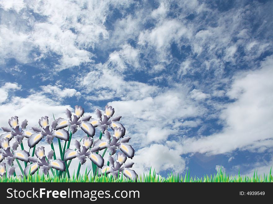Green Field With Iris Flowers On A Sky Background