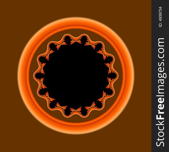 AN abstract circular fractal done in warm tones of orange and brown with a black center. AN abstract circular fractal done in warm tones of orange and brown with a black center.
