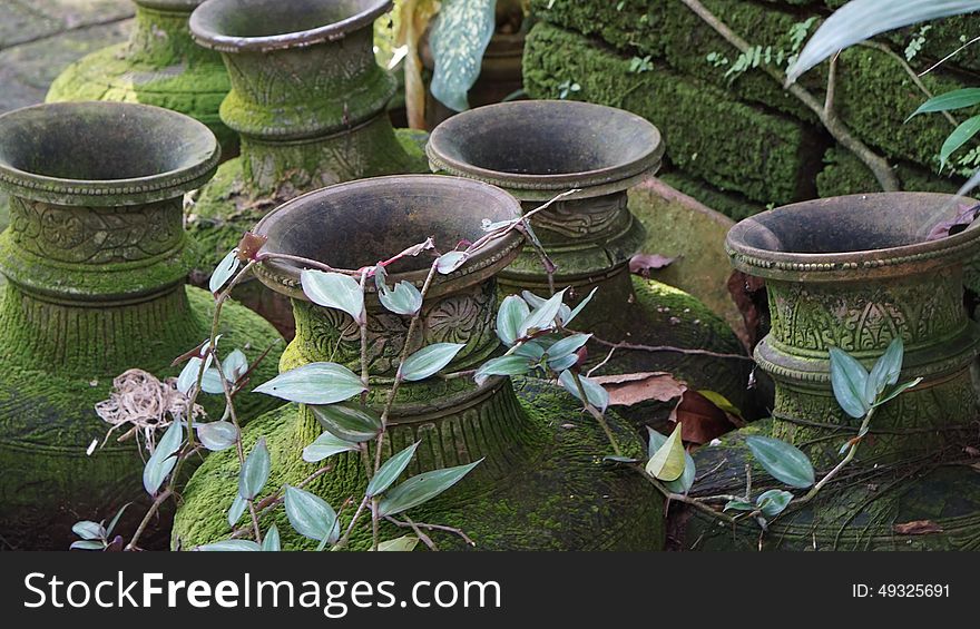 Group of old ornamental vases with Buddhist inscriptions. Group of old ornamental vases with Buddhist inscriptions.