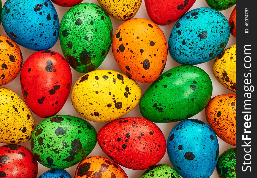 Easter quail eggs painted beautiful spring multicolored background. Close up. Easter quail eggs painted beautiful spring multicolored background. Close up