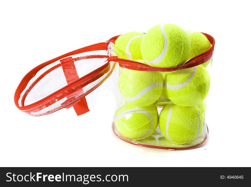 A bag of tennis balls on a white background. A bag of tennis balls on a white background.