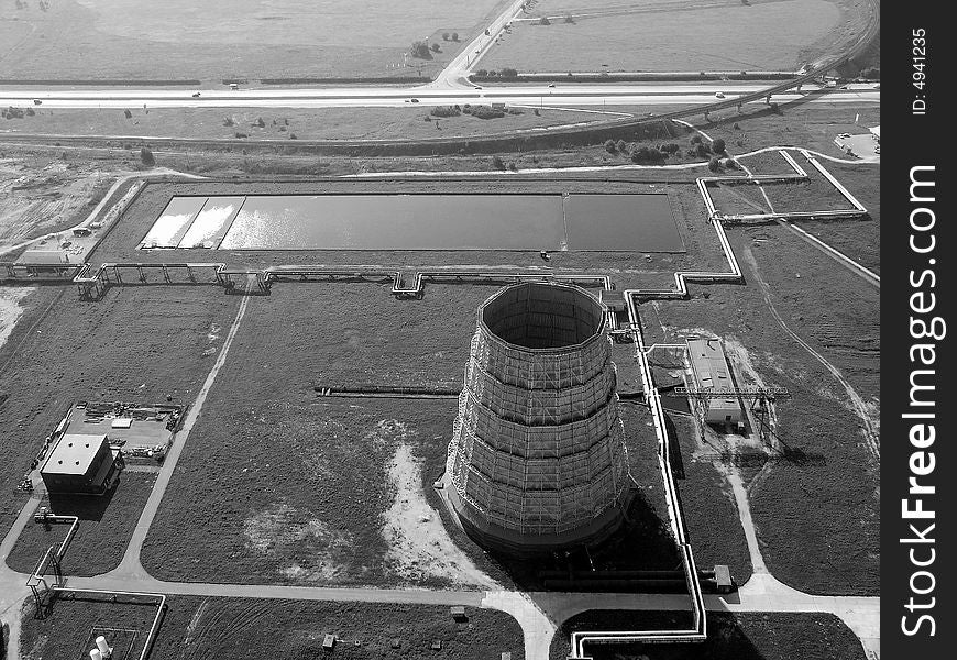 Aerial view of a power plant, black and white