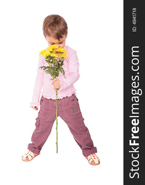 Little girl with flower on a white