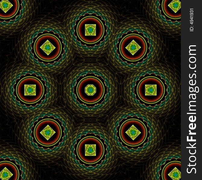 Abstract fractal image resembling a quilted treasure mandala