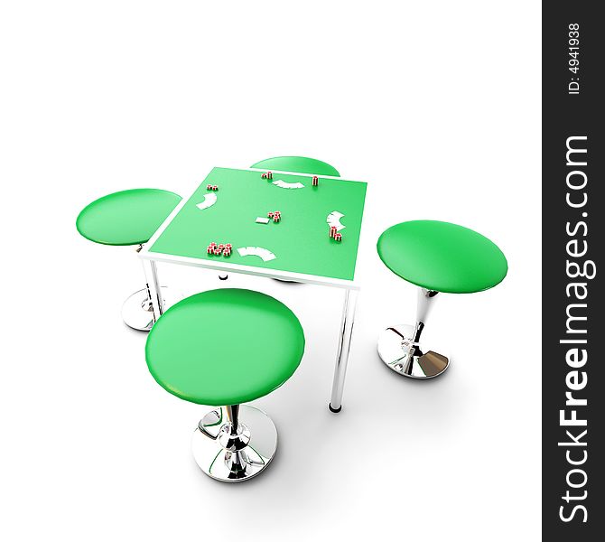 Isolated 3d image of a poker table (with cards and clips)