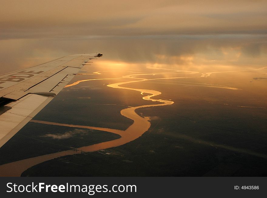 The Lujan river reflecting the sun light from a plane. The Lujan river reflecting the sun light from a plane