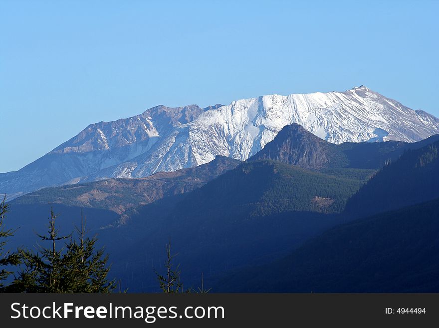 Clear blue sky, Mt. St. Helens in the summer, most of snow melted, dark blue foothills, tree in foreground. Clear blue sky, Mt. St. Helens in the summer, most of snow melted, dark blue foothills, tree in foreground