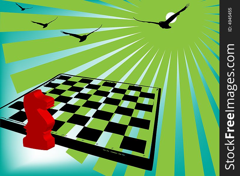 Abstract colored illustration with red chess knight, chess table and birds