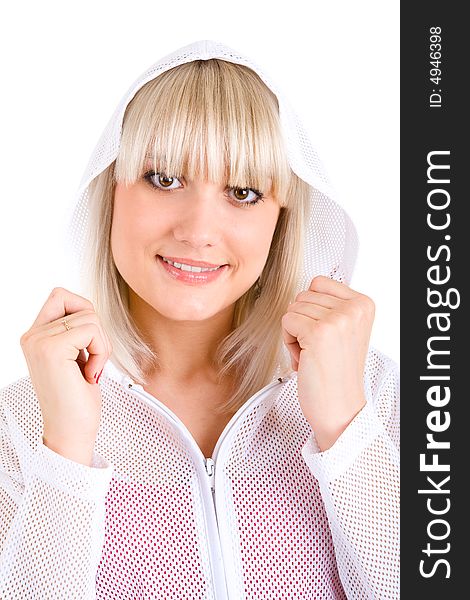 Smiling blond girl in jacket with hood. Smiling blond girl in jacket with hood