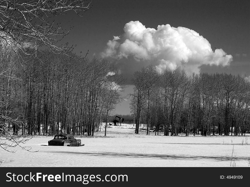 A large oil pump jack in a snowy  birch forest. A large oil pump jack in a snowy  birch forest