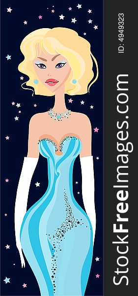 Beautiful blonde girl in blue dress