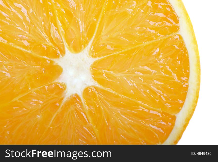 Fresh orange slide closeup isolated on white. Fresh orange slide closeup isolated on white