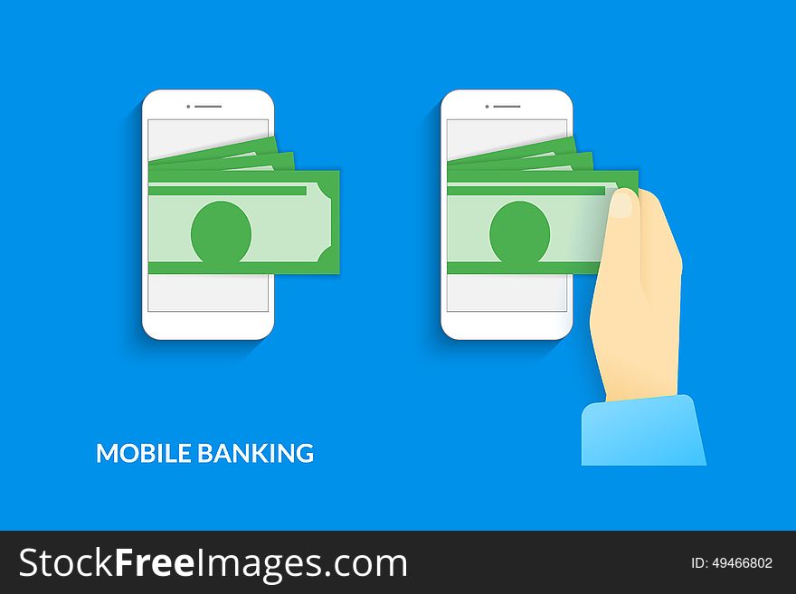Mobile banking. Vector illustration of human hand withdraws cash from his smartphone