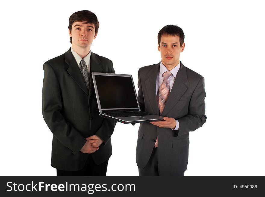 Two young businessmen show laptop isolated on white 3. Two young businessmen show laptop isolated on white 3