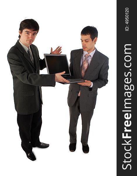 Two young businessmen show laptop 4